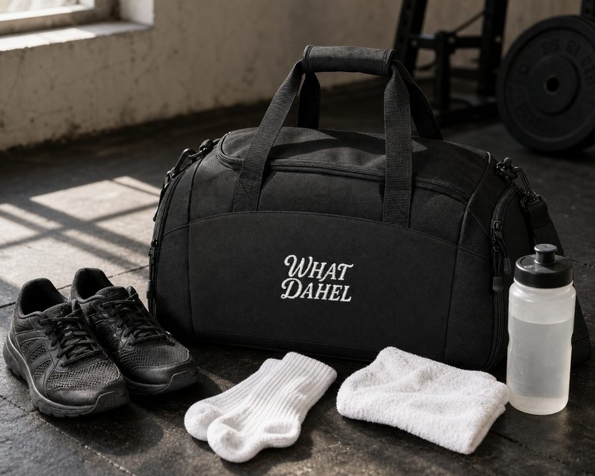 The Bag in Black at the gym with shoes, socks and a towel