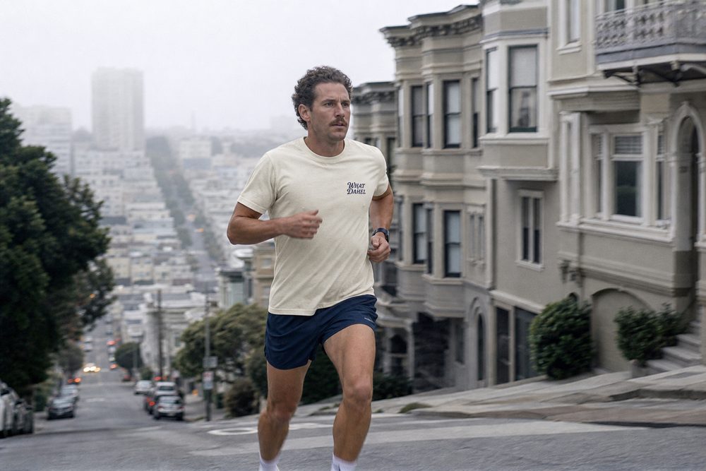 The Tee in Natural, running up a San Francisco hill