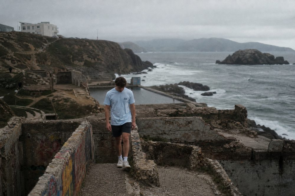 The Tee in Light Blue, walking the Sutro Baths ruins