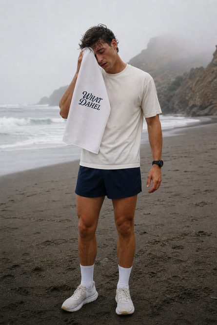 Wiping off after a run on the beach with the What Dahel towel