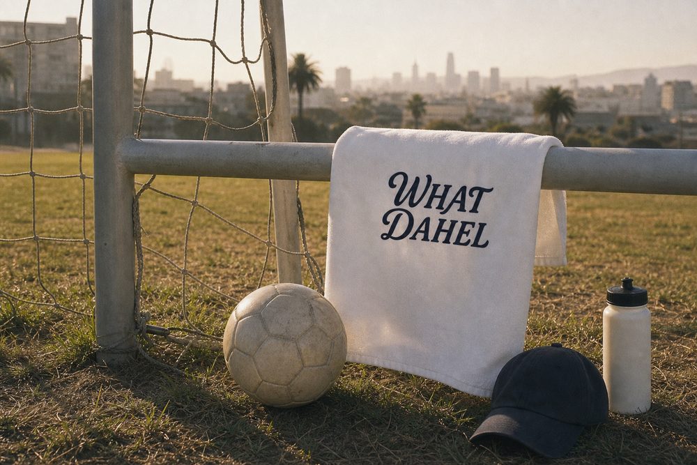 The What Dahel towel hung on a goalpost, city behind