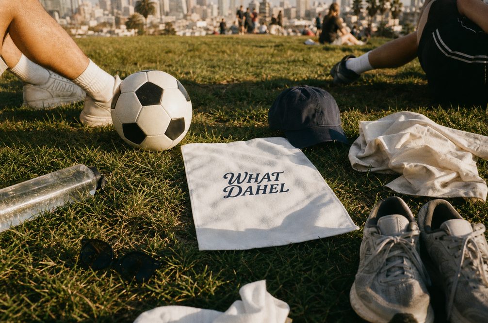 Ball, hat and towel on the grass with the city behind