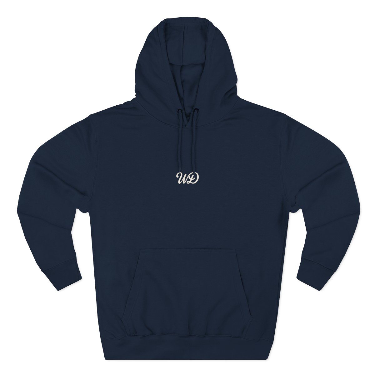 Essential Hoodie, small chest and back wordmark, navy, front
