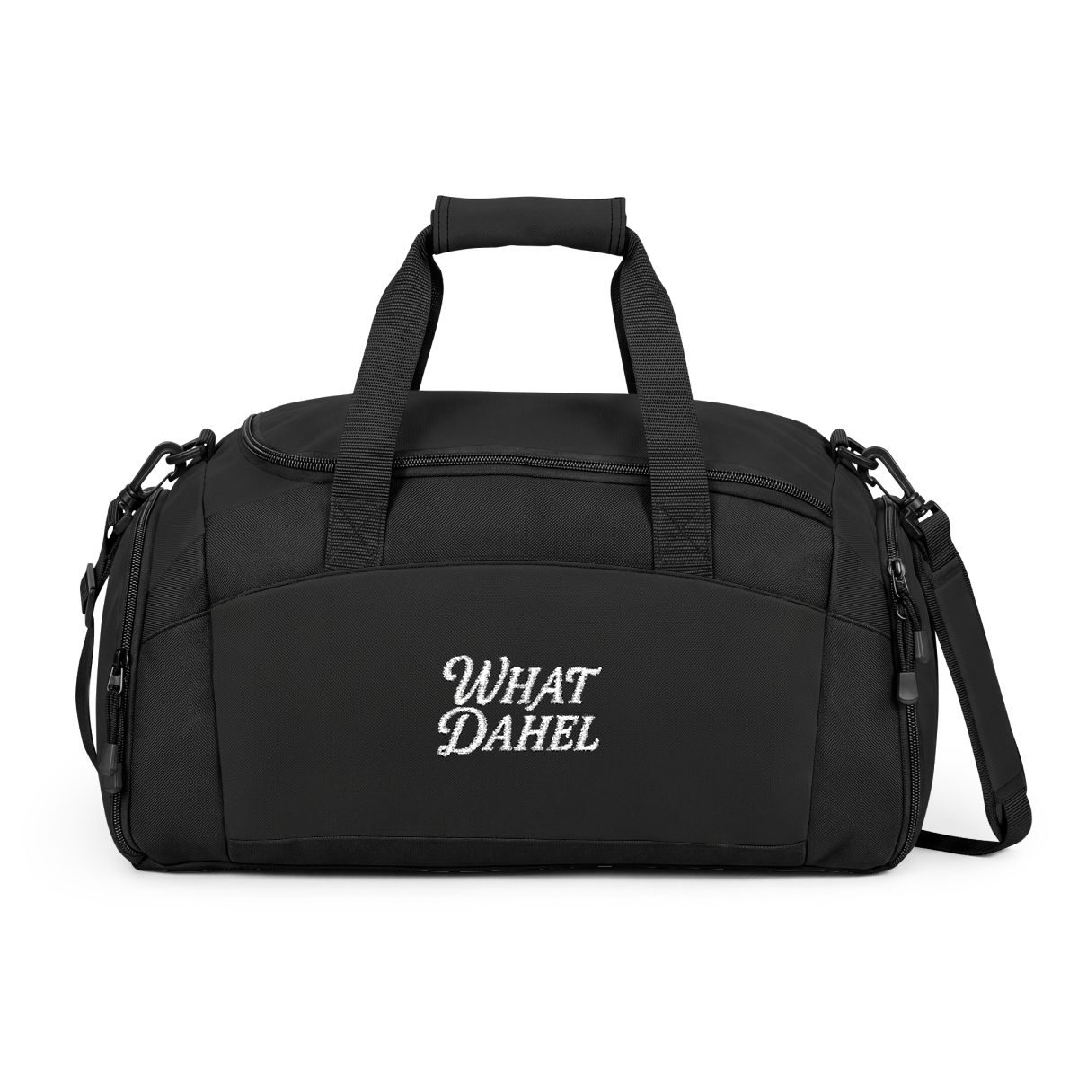 What Dahel Gym Bag in black, back with script print