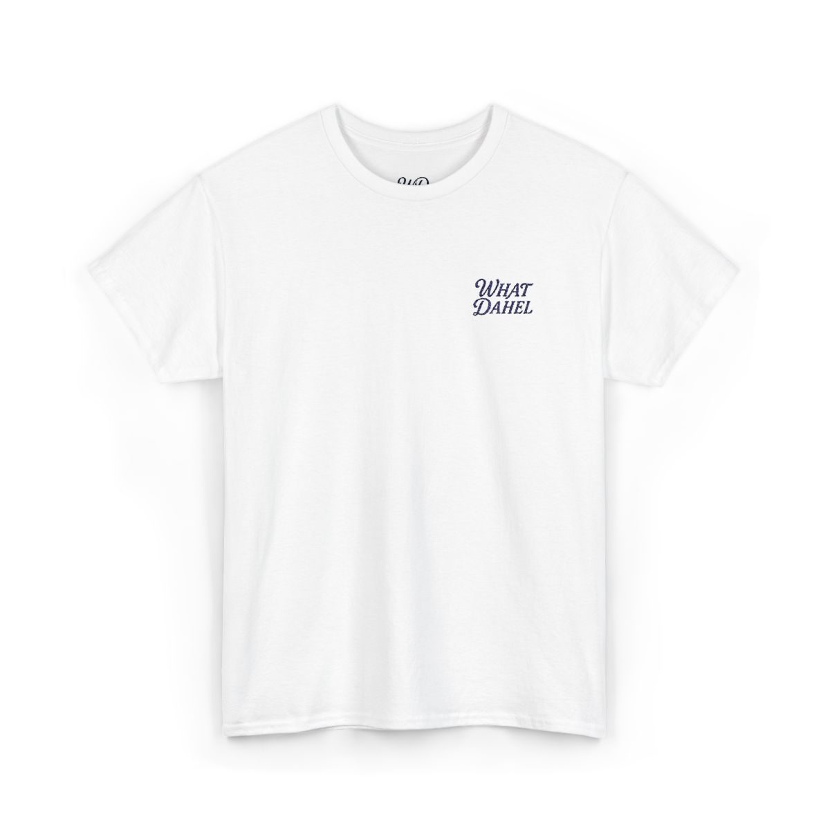 What Dahel Tee in white with the script chest logo